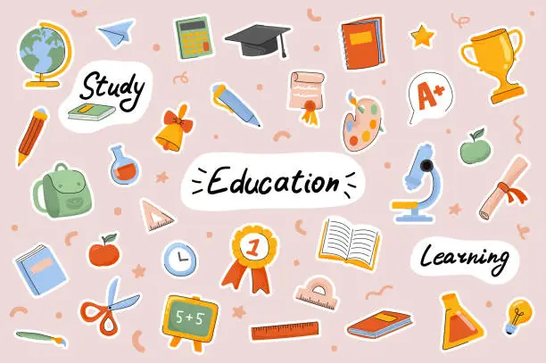 Vector illustration of School and education cute stickers template set. Bundle of textbooks, stationery supply, science, study lessons, classroom objects. Scrapbooking elements. Vector illustration in flat cartoon design