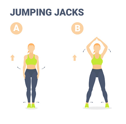 Jumping Jacks Female Home Workout Exercise Guidance Colorful Vector Illustration. Star Jumps Exercise, young woman in sportswear leggings, top and sneakers does the side-straddle hop sequentially...