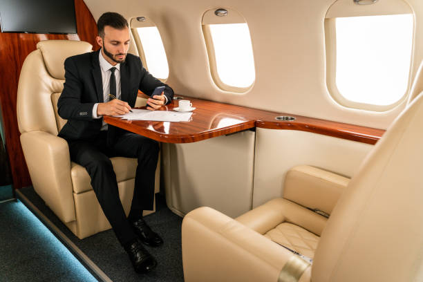 istock Businessman flying on private jet 1309811789