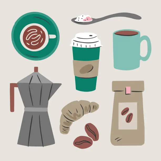 Vector illustration of Illustration of coffee shop products and equipment — hand-drawn vector elements