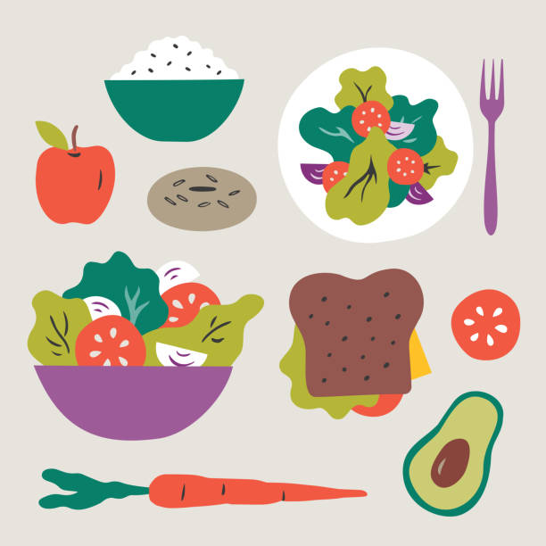 illustrazioni stock, clip art, cartoni animati e icone di tendenza di illustrazione di scelte alimentari salutari : insalata, pranzo, frutta e verdura, snack - cucina vegetariana illustrazioni