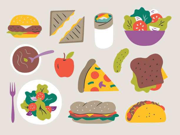 ilustraciones, imágenes clip art, dibujos animados e iconos de stock de ilustración de platos principales de almuerzo fresco — elementos vectoriales dibujados a mano - food