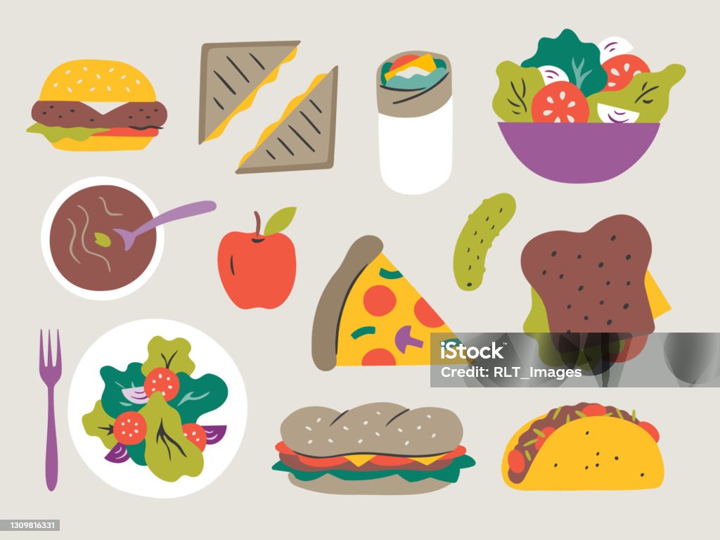 Illustration of fresh lunch entrees — hand-drawn vector elements Food stock vector