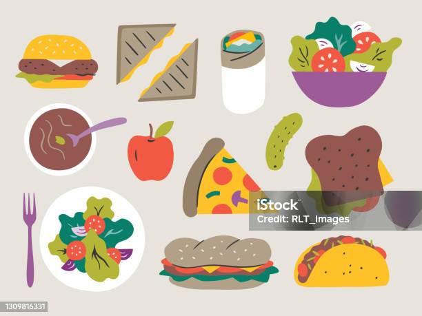 Illustration Of Fresh Lunch Entrees Handdrawn Vector Elements Stock Illustration - Download Image Now