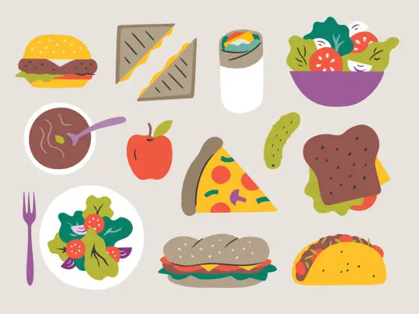 Vector illustration of Illustration of fresh lunch entrees — hand-drawn vector elements