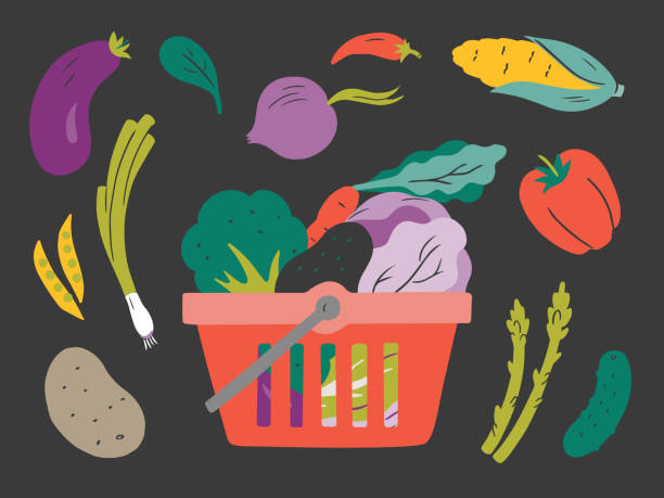ilustrações, clipart, desenhos animados e ícones de ilustração de legumes frescos na cesta de compras — elementos vetoriais desenhados à mão - asparagus vegetable market basket