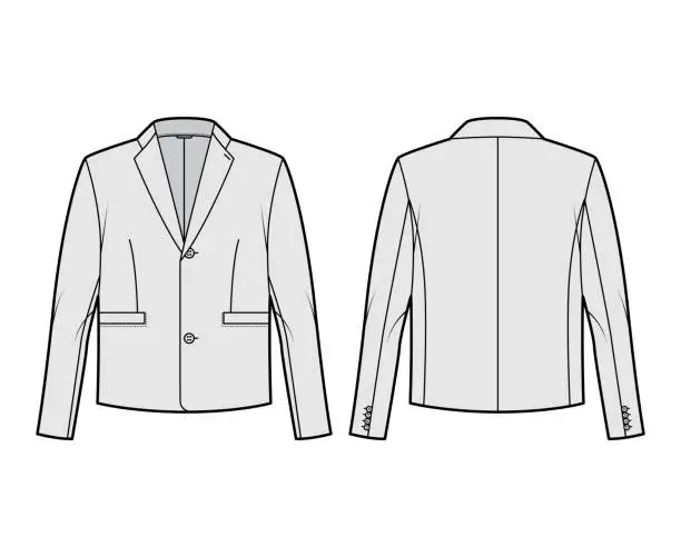 Vector illustration of Single breasted jacket suit technical fashion illustration with long sleeves, notched lapel collar, flap welt pockets