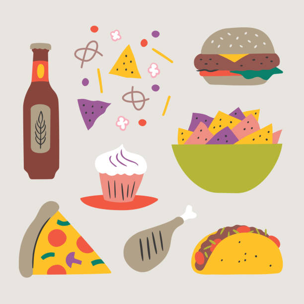 ilustrações de stock, clip art, desenhos animados e ícones de illustration of party foods — hand-drawn vector elements - white background cut out food choice