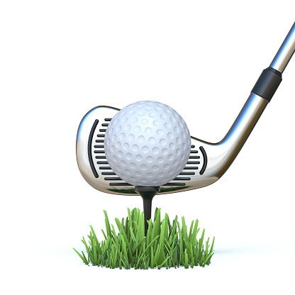 golf ball on tee on grass field, 3d rendering