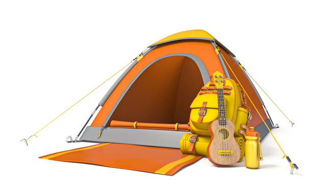 camping y picnic con mochila y ukelele 3d - tent camping dome tent single object fotografías e imágenes de stock