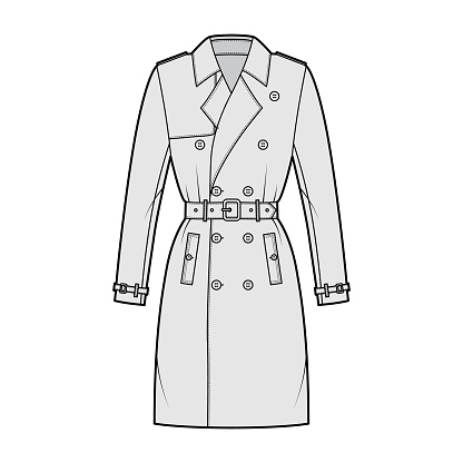 Trench coat technical fashion illustration with belt, double breasted, fitted, long sleeves, napoleon wide lapel collar. Flat jacket template front, grey color style. Women unisex top CAD mockup