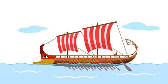 Greek galley with oars, Argonauts, Golden Fleece. ancient ship with a sail. vector illustration