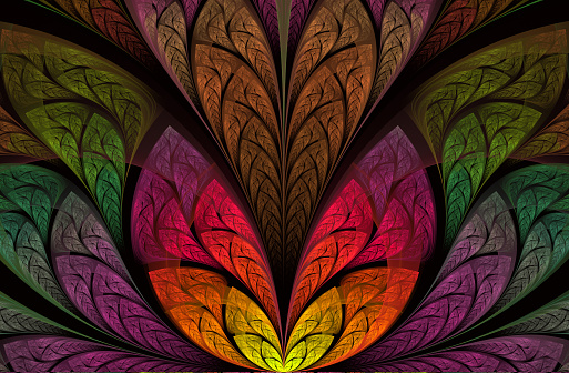 Multicolored floral pattern in stained-glass window style. Symmetrical fractal pattern. Multicolor beautiful Tree foliage. Computer generated graphics. For invitations, notebook covers, cases, cards