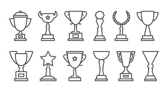 Cup trophy vector icons, award black thin line, winner champion reward isolated on white background. Editable stroke. Sport illustration