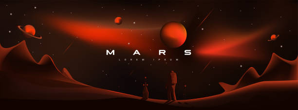 Mars vector illustration. Martian landscape, astronaut landing on the planet. Planets Saturn and Jupiter, planetary exploration, colonization, red aggressive, militant planet Mars. Mars vector illustration. Martian landscape, astronaut landing on the planet. Planets Saturn and Jupiter, planetary exploration, colonization, red aggressive, militant planet Mars. mars stock illustrations