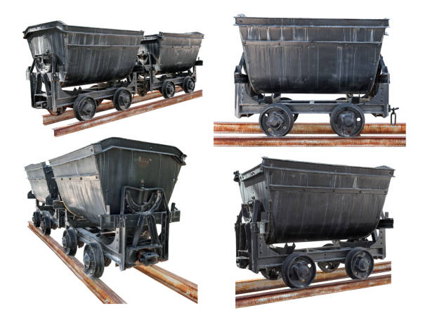 Isolated collection of old mine carts on rusty rails Cut out minecarts. Collection of old mine trolleys on rusty rails isolated on white background animal drawn stock pictures, royalty-free photos & images