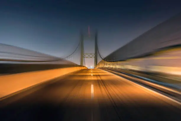 Night view of the Vincent Thomas Bridge with motion blur near San Pedro in Los Angeles, California.