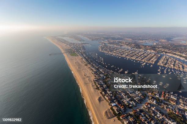 Newport Beach With Afternoon Pacific Fog Aerial Stock Photo - Download Image Now - California, Orange County - California, Bay of Water