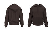 Blank hooded sweatshirt  mockup with zipper in front and back views, isolated on white background