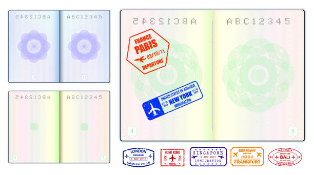 現実的な空白のパスポートページまたは透かしと切手やオープン外国のパスポートページと空のパスポートのセット。eps 10 ベクトル, 簡単に変更 - passport passport stamp usa blank点のイラスト素材／クリップアート素材／マンガ素材／アイコン素材