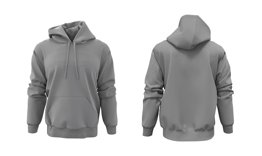 Blank hooded sweatshirt mockup for print, isolated on white background, 3d rendering, 3d illustration