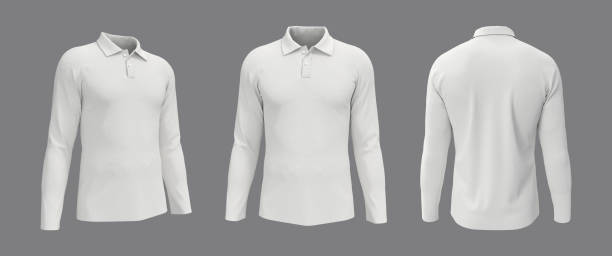 Blank collared shirt mockup, front, side and back views, tee design presentation for print Blank collared shirt mockup, front, side and back views, tee design presentation for print, 3d rendering, 3d illustration white long sleeve shirt stock pictures, royalty-free photos & images