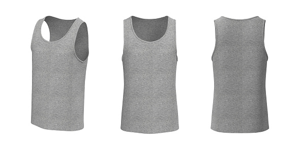 Blank crewneck sleeveless t-shirt mockup in front, side and back views, design presentation for print, 3d illustration, 3d rendering