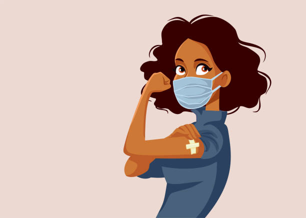 afrikanische frau zeigt geimpften arm - injecting vaccination flu virus impfung stock-grafiken, -clipart, -cartoons und -symbole