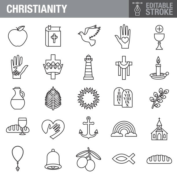 ilustrações, clipart, desenhos animados e ícones de conjunto de ícones de traçado editável do cristianismo - church symbol rosary beads christianity