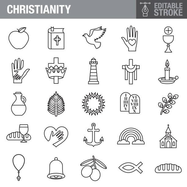Christianity Editable Stroke Icon Set A set of editable stroke thin line icons. File is built in the CMYK color space for optimal printing. The strokes are 2pt black and fully editable, so you can adjust the stroke weight as needed for your project. communion stock illustrations