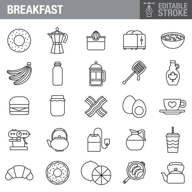 Breakfast Editable Stroke Icon Set A set of editable stroke thin line icons. File is built in the CMYK color space for optimal printing. The strokes are 2pt black and fully editable, so you can adjust the stroke weight as needed for your project. sesame bagel stock illustrations