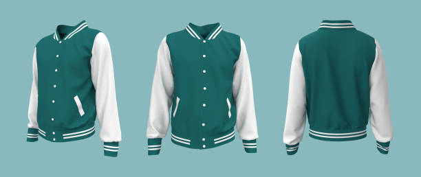 maqueta varsity jacket en vistas delanteras, laterales y traseras - chaqueta letterman fotografías e imágenes de stock