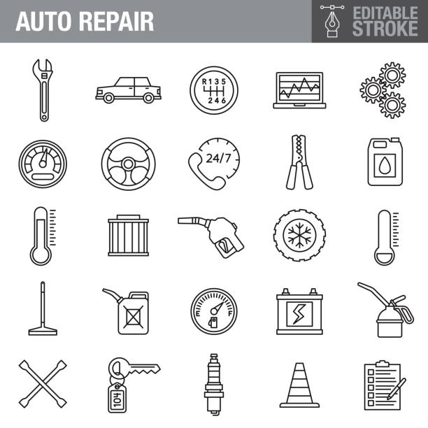 자동 복구 편집 가능한 스트로크 아이콘 세트 - brake car repairing auto repair shop stock illustrations