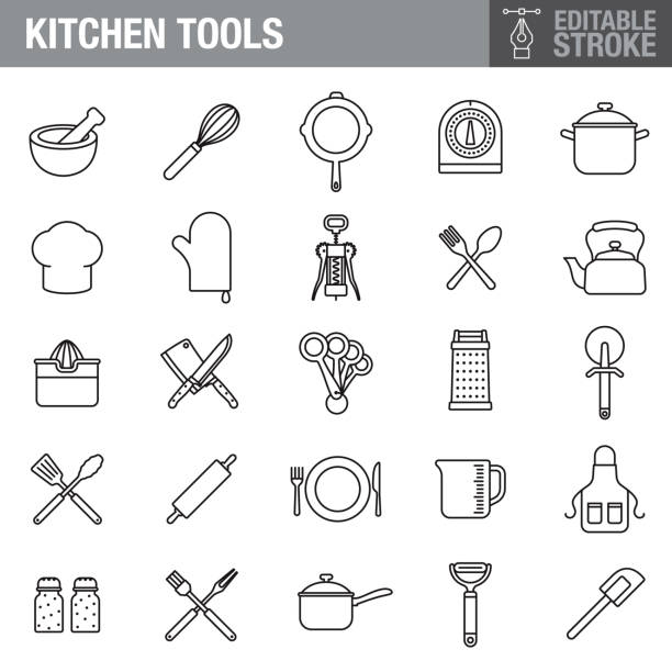 ilustraciones, imágenes clip art, dibujos animados e iconos de stock de conjunto de iconos de trazo editable de herramientas de cocina - wire whisk symbol computer icon spatula