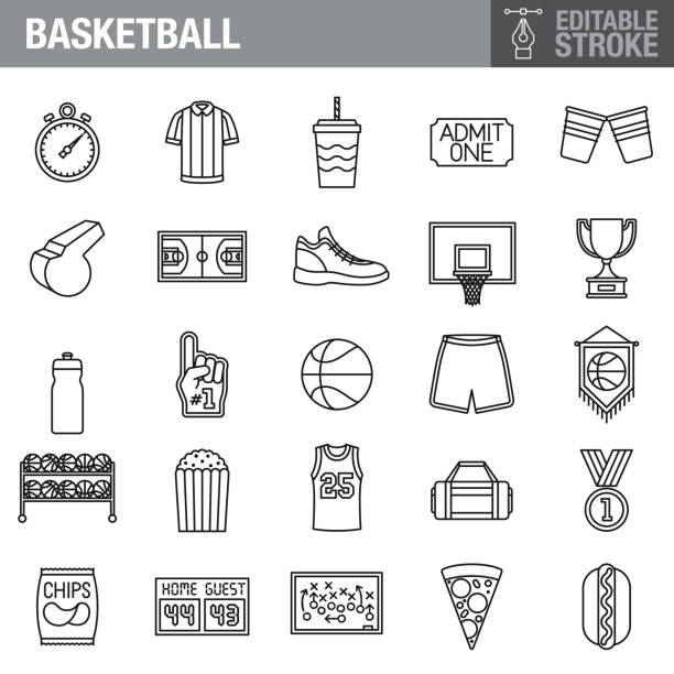 ilustraciones, imágenes clip art, dibujos animados e iconos de stock de conjunto de iconos de trazo editable de baloncesto - basketball basketball player shoe sports clothing