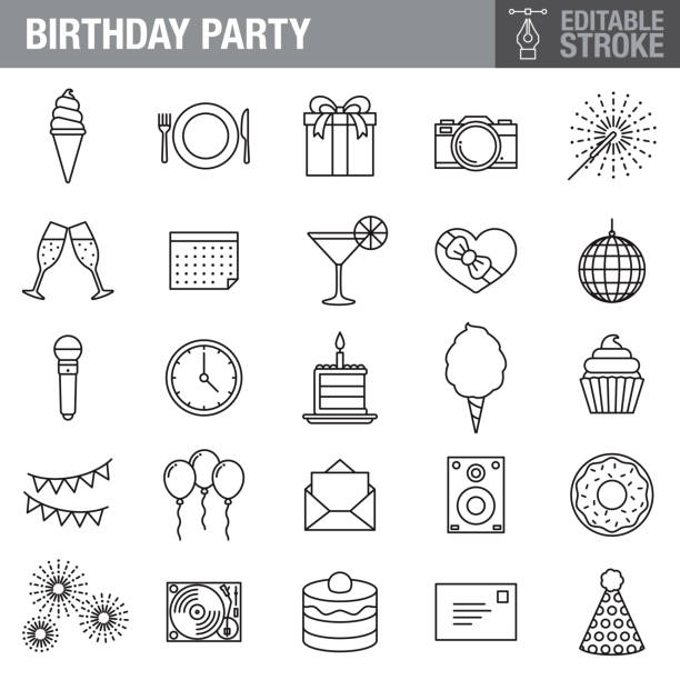 Birthday Editable Stroke Icon Set A set of editable stroke thin line icons. File is built in the CMYK color space for optimal printing. The strokes are 2pt black and fully editable, so you can adjust the stroke weight as needed for your project. cupcake photos stock illustrations