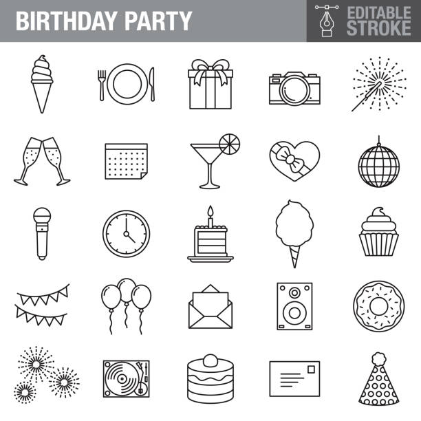 Birthday Editable Stroke Icon Set A set of editable stroke thin line icons. File is built in the CMYK color space for optimal printing. The strokes are 2pt black and fully editable, so you can adjust the stroke weight as needed for your project. black and white party stock illustrations