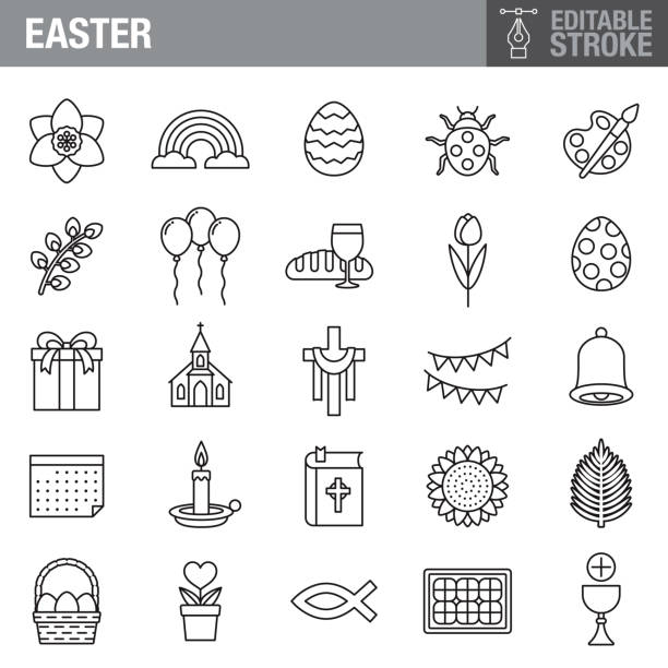 ostern editierbare strich icon set - daffodil flower spring easter egg stock-grafiken, -clipart, -cartoons und -symbole