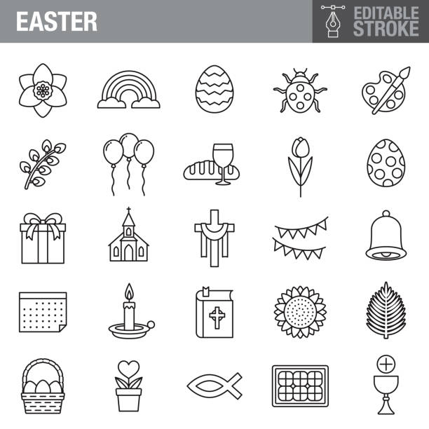 ilustraciones, imágenes clip art, dibujos animados e iconos de stock de conjunto de iconos de trazo editable de pascua - daffodil easter egg hunt easter easter egg