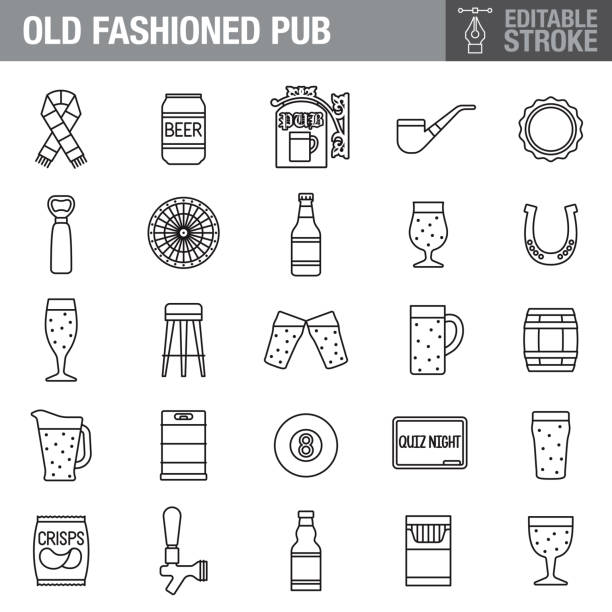 Pub Editable Stroke Icon Set A set of editable stroke thin line icons. File is built in the CMYK color space for optimal printing. The strokes are 2pt black and fully editable, so you can adjust the stroke weight as needed for your project. british culture illustrations stock illustrations