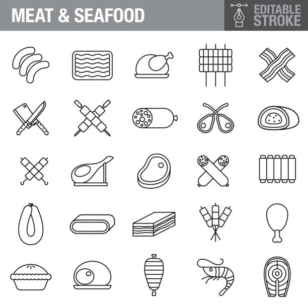 Meat & Seafood Editable Stroke Icon Set A set of editable stroke thin line icons. File is built in the CMYK color space for optimal printing. The strokes are 2pt black and fully editable, so you can adjust the stroke weight as needed for your project. shish kebab stock illustrations