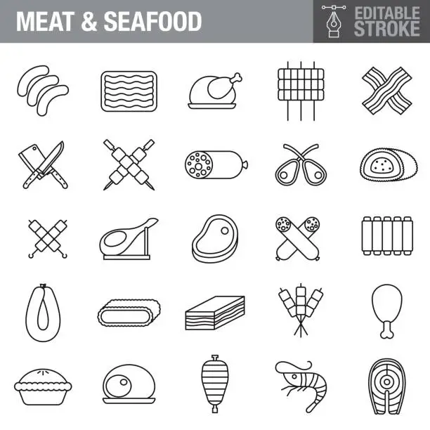 Vector illustration of Meat & Seafood Editable Stroke Icon Set