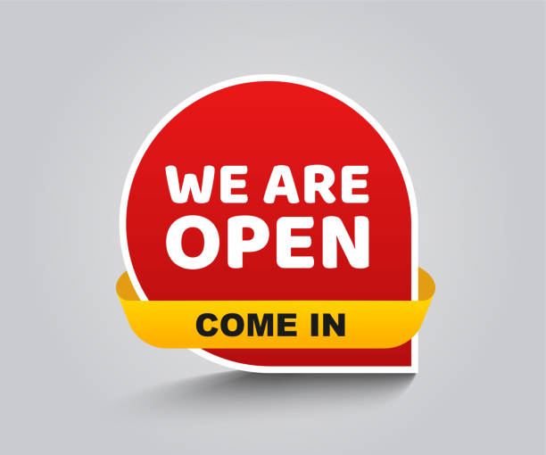 ilustrações de stock, clip art, desenhos animados e ícones de come in, we're open retail or store sign flat red vector banner for websites and print. - open sign