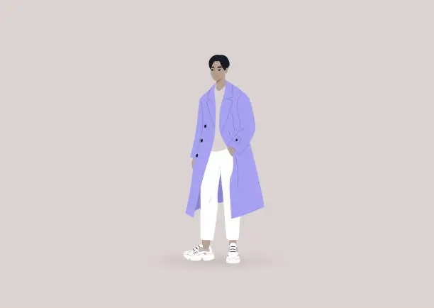 Vector illustration of A young male Asian character wearing an oversize trench coat and big sneakers, a modern street style concept