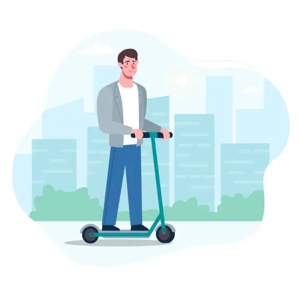 Vector illustration of A man is riding a modern electric scooter, heading to work in the office. Eco-friendly alternative transport, friendly to the environment. Vector illustration of a guy in flat style on a city background.