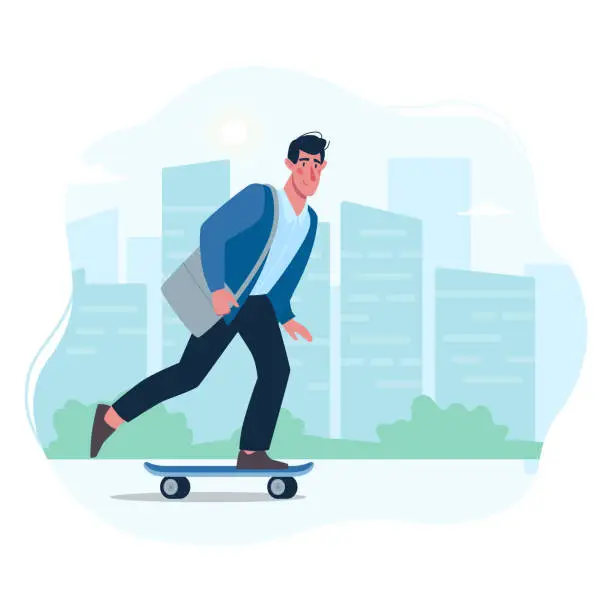 Vector illustration of A man rides a modern skateboard to the office to work. Vector guy in a flat style on the background of the city.