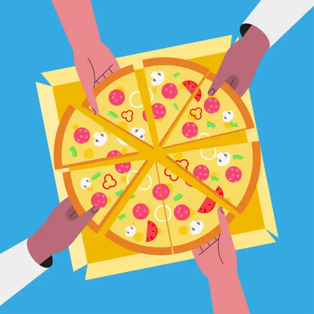 Vector illustration of People have dinner together and share a huge pizza. hands top view. Flat style. Vector
