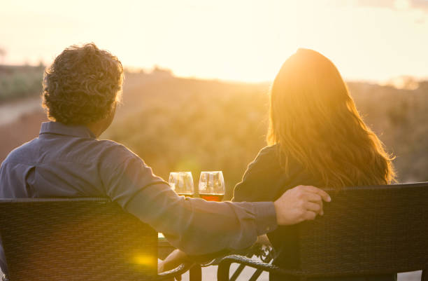 man and woman sitting with wine glasses overlooking vinyard at sunset - rural watch imagens e fotografias de stock