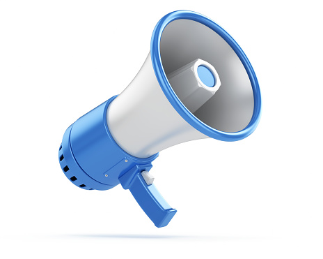 Blue Electric Megaphone on isolated white background stock photo