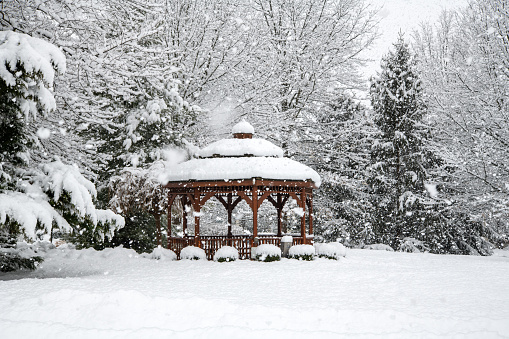 Gazebo in Center Point Farm in heavy snow, Worcester, Pennsylvania, USA